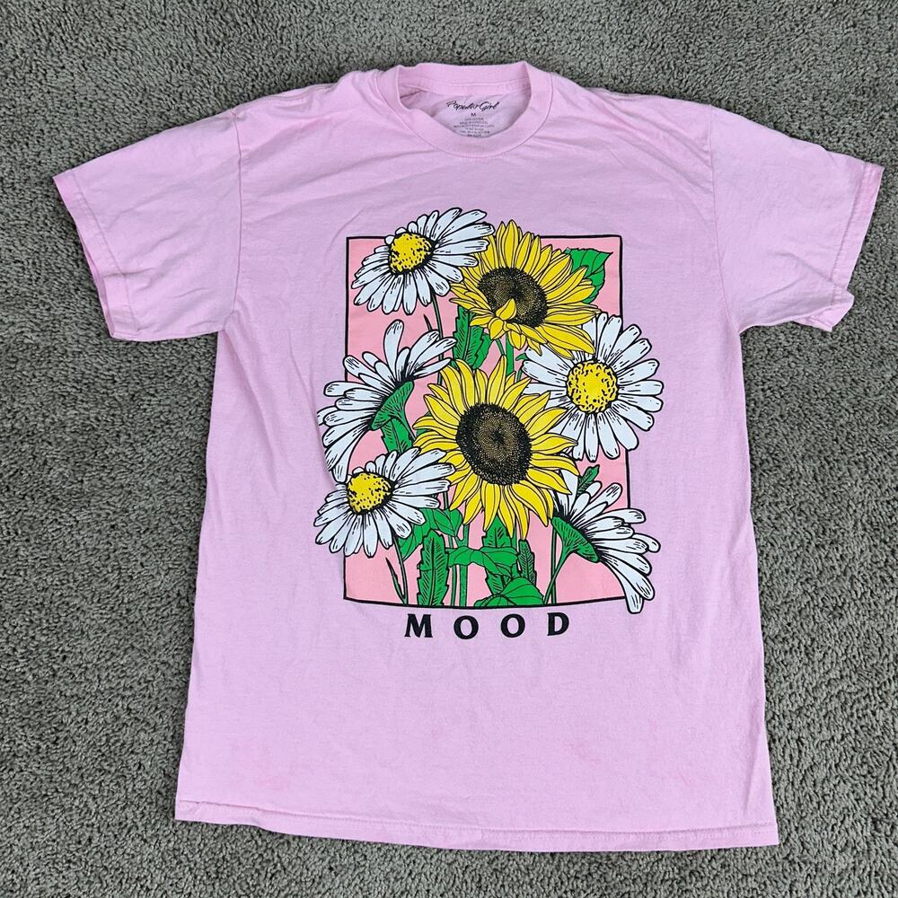 Popular Girl Shirt Womens Medium Pink Daisy Sunflower Moon Short Sleeve READ